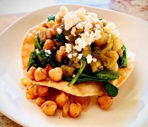 Crispy chickpea tostada with feta
